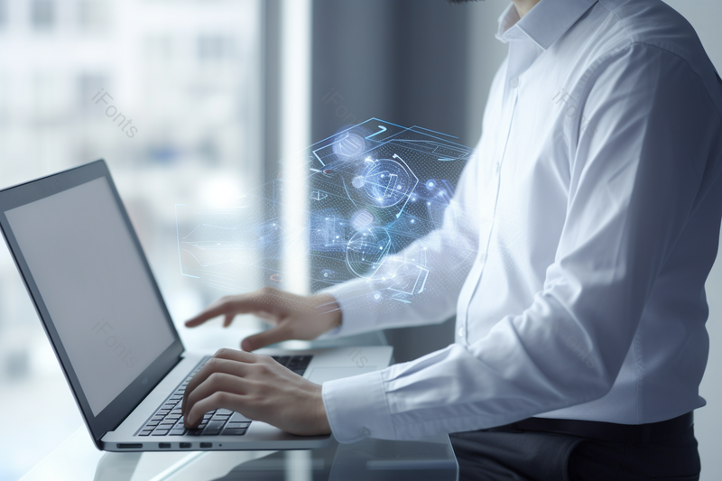 商务人士手拿笔记本电脑操作虚拟智能展示,高清,摄影图,摄影图片,图片大全,摄影图免费下载